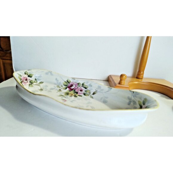 Vintage Nippon Japan Hand Painted Flowered Celery Serving Dish 9" x 4" - Picture 2 of 8